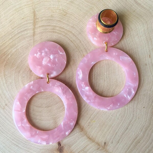 4g-5/8" (16mm) Pink Acetate Hoops Lightweight Drop Dangle Earrings Gauges/Earplugs Hider Plugs