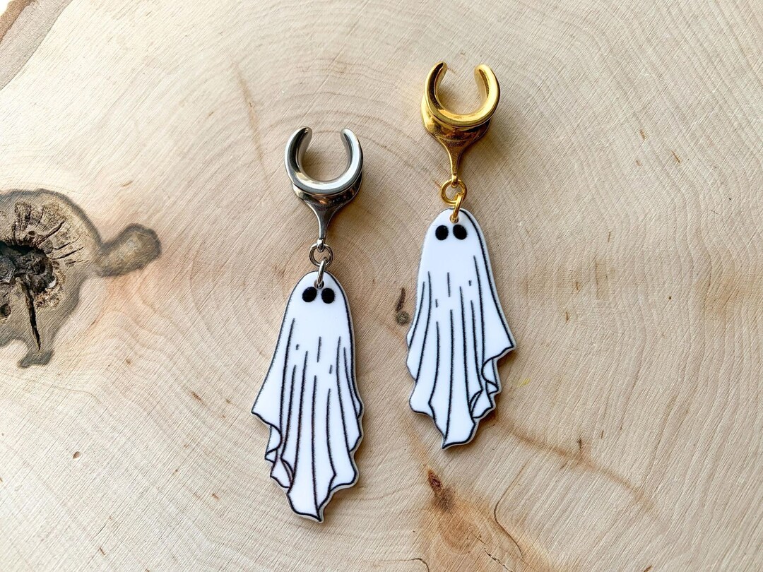 2g (6mm) - 1 3/16 (30mm) Gold or Silver White Ghost Drop Dangle Earrings Gauges/Earplugs Plugs