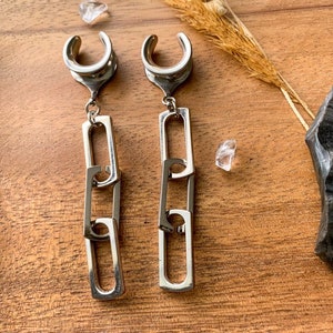 2g (6mm) - 1 3/16 (30mm) Silver Chain Link Saddles Drop Dangle Earrings Gauges/Earplugs Plugs