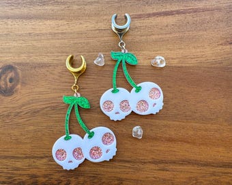 2g (6mm) - 1 3/16 (30mm) Gold or Silver Large Glittery Skull Cherries Drop Dangle Earrings Gauges/Earplugs Plugs