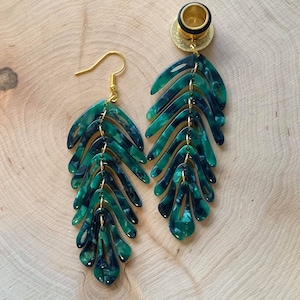 4g-1' (25mm) Long Dark Green Summer Palm Lightweight Drop Dangle Earrings Gauges/Earplugs Hider Plugs