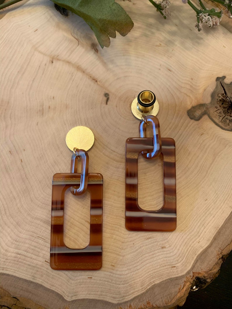 8g-58 BrownGold Square Hoop Lightweight Drop Dangle Earrings GaugesEarplugs Hider Plugs 16mm