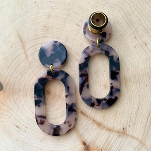 4g-9/16&quot; (14mm) Beige/Brown Marble Acetate Oval Hoop Lightweight Hoop Drop Dangle Earrings Gauges/Earplugs Hider Plugs