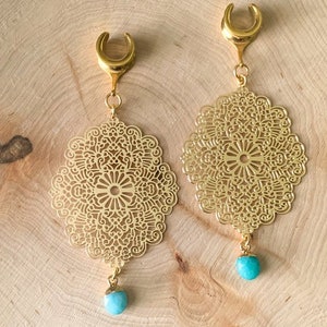2g (6mm) - 1 3/16 (30mm) Large 18k Gold Filigree w/Blue Jade Saddles Drop Earrings Gauges/Earplugs Plugs
