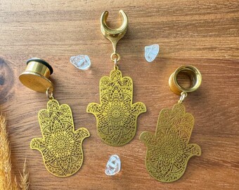 8g (3mm) - 1 3/16 (30mm) Gold Hamsa Lightweight Drop Dangle Earrings Gauges/Earplugs Hider Plugs