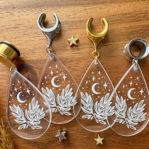 6g (4mm) - 1 3/16 (30mm) Gold or Silver Clear Acrylic Moon and Leaves Saddles Hiders Drop Dangle Earrings Gauges/Earplugs Plugs