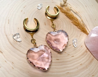 2g (6mm) - 1 3/16 (30mm) Large Pink Crystal Glass Heart Saddles Drop Dangle Earrings Gauges/Earplugs Plugs