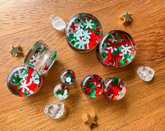 2g (6mm) - 11/16 (18mm) "Snow Day Sparkles" Clear Acrylic Plugs with Snowflakes Double Flare Plugs Gauges