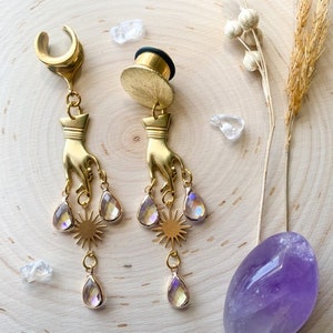 6g (4mm) - 1 3/16 (30mm)  Gold &#39;Ethereal Touch&#39; Saddles Hiders Drop Dangle Earrings Gauges/Earplugs Plugs
