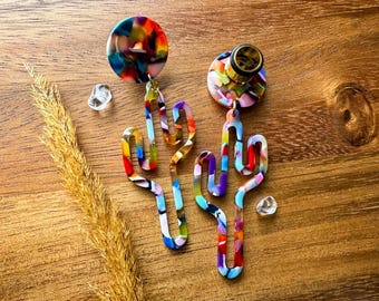 4g-5/8" (16mm) Rainbow Cactus Acetate Lightweight Hoop Drop Dangle Earrings Gauges/Earplugs Hider Plugs