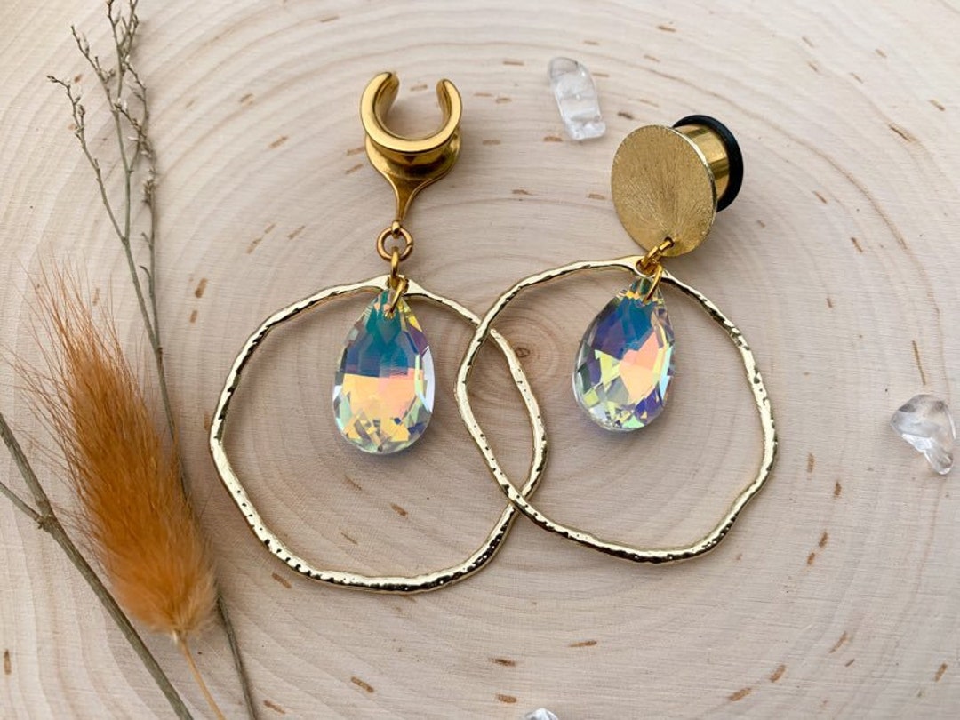 8g 3mm 1 3/16 30mm Gold Hoop W/reflective Tear Jewel Lightweight Drop