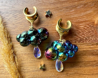2g (6mm) - 1 3/16 (30mm) Gold Black Oil Slick Raincloud Saddles Drop Dangle Earrings Gauges/Earplugs Plugs