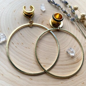 8g (3mm) - 1 3/16 (30mm) Large Brushed Gold Lightweight Hoop Drop Dangle Earrings Gauges/Earplugs Hider Plugs