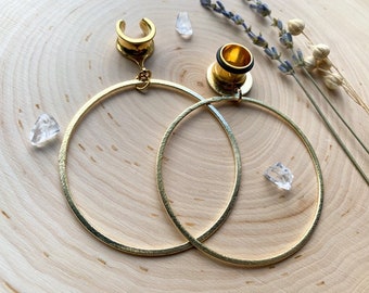 8g (3mm) - 1 3/16 (30mm) Large Brushed Gold Lightweight Hoop Drop Dangle Earrings Gauges/Earplugs Hider Plugs