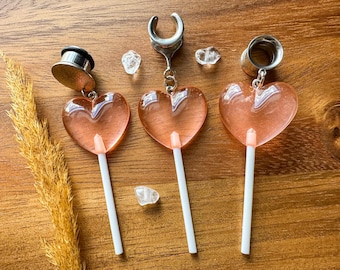 Pendientes colgantes ligeros con forma de piruleta de corazón de plata y rosa de 6 g (4 mm) - 1 3/16 (30 mm) Extensor/Tapones para los oídos