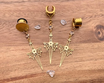 8g (3mm) - 1 3/16 (30mm) Gold Brass Fantasy Sword Drop Dangle Earrings Gauges/Earplugs Hider Plugs