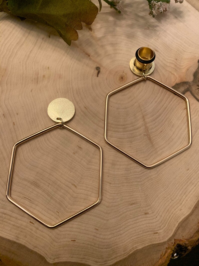 8g-58 Large Gold Hexagon Lightweight Hoop Drop Dangle Earrings GaugesEarplugs Hider Plugs 16mm
