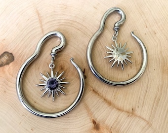 Silver Steel Spiral Hangers w/Silver Tone Sun Ft. Purple Center Plugs Earrings