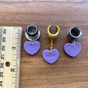 6g 4mm 1 3/16 30mm Purple Mother's Day 'Mom' Hearts Saddles Hiders Drop Dangle Earrings Gauges/Earplugs Plugs image 4