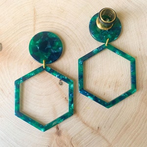 0g-5/8" (16mm)  Green Marble Acetate Hexagon Hoop Lightweight Drop Dangle Earrings Gauges/Earplugs Hider Plugs