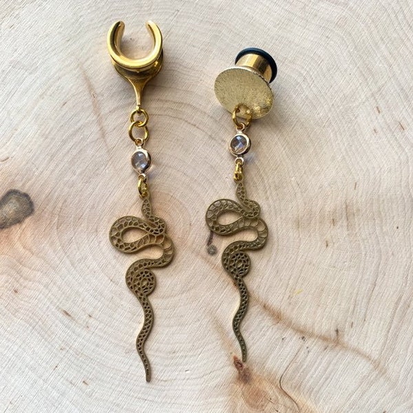 8g (3mm) - 1 3/16 (30mm) Gold Brass Snake w/Clear Jewel Saddles Hiders Drop Dangle Earrings Gauges/Earplugs Plugs