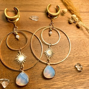 2g (6mm) - 1 3/16 (30mm) 18k Double Hoop w/Sun & Opalite Saddles Drop Earrings Gauges/Earplugs Plugs