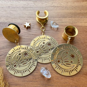 2g (6 mm) - 1 3/16 (30 mm) 18k ゴールド ムーン＆スター サドル ドロップ ダングル イヤリング ゲージ/プラグ