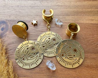 2g (6mm) - 1 3/16 (30mm) 18k Gold Moon & Stars Saddles Drop Dangle Earrings Gauges/Plugs