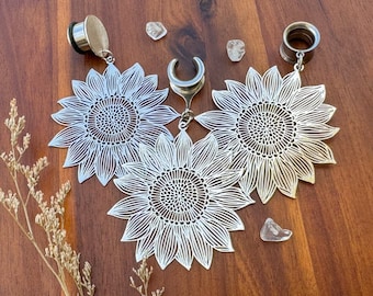 Pendientes colgantes grandes de girasol de plata de 6 g (4 mm) - 1 3/16 (30 mm) para tapones para los oídos.