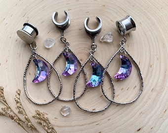 Pendientes de aro con forma de lágrima de plata de 6 g (4 mm) - 1 3/16 (30 mm) con colgante de luna de cristal violeta, dilatadores/tapones para los oídos