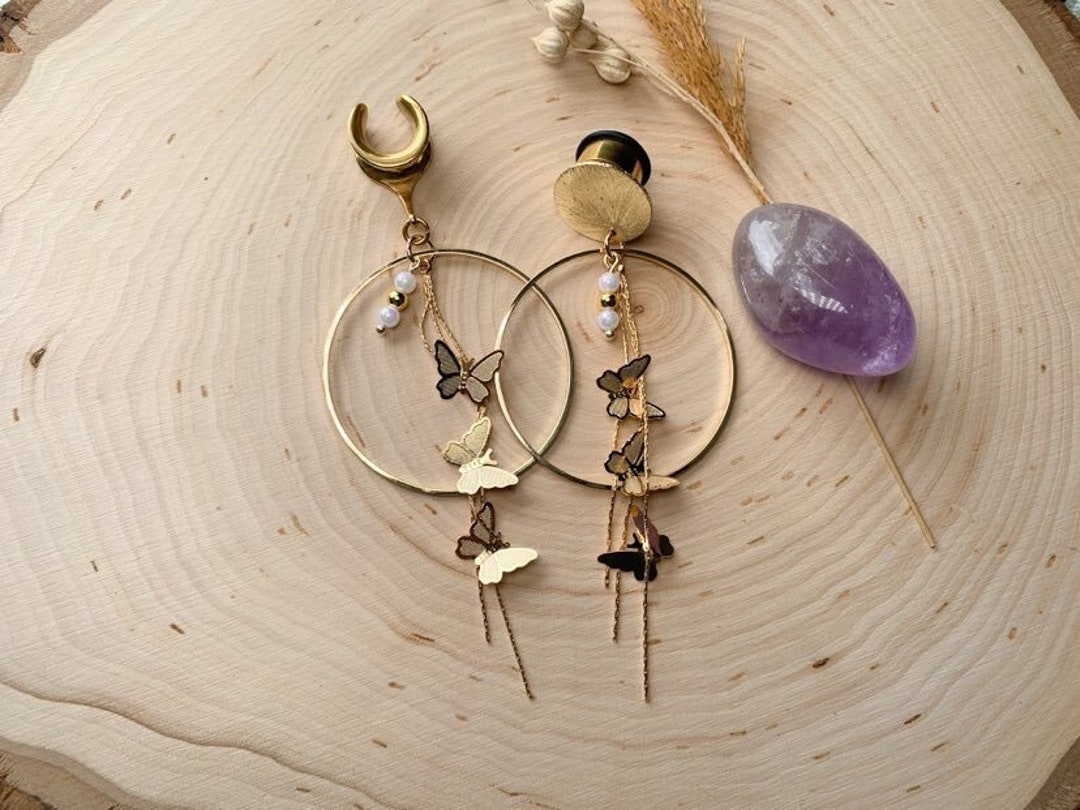 8g 1 3/16 30mm 18k Gold Hoop W/butterflies Lightweight Hoop Drop Dangle