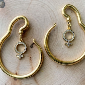 Gold Steel Spiral Hangers w/CZ Female Symbol Plugs Earrings