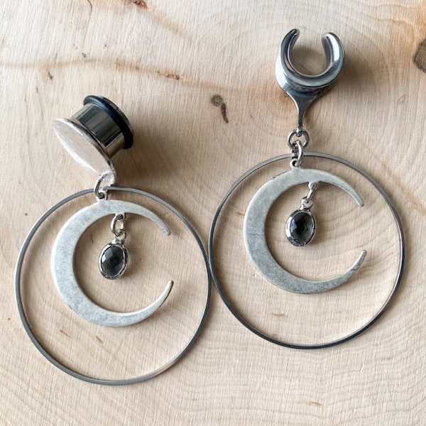 6g (4mm) - 1 3/16 (30mm) Silver Hoop and Crescent Moon Saddles Hiders Drop Dangle Earrings Gauges/Earplugs Plugs
