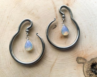 Silver Steel Spiral Hangers w/Silver Tone Tear Opalite Plugs Earrings