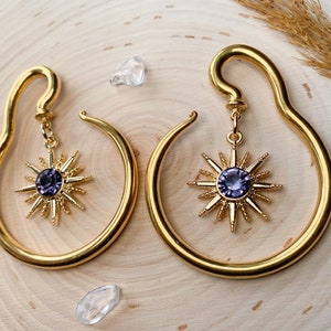 Gold Steel Spiral Hangers w/Gold Tone Sun Ft. Purple Center Plugs Earrings