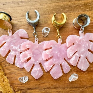 6g (4mm) - 1 3/16 (30mm) Light Pink Monstera Leaf Saddles Drop Dangle Earrings Gauges/Earplugs Hider Plugs Earrings