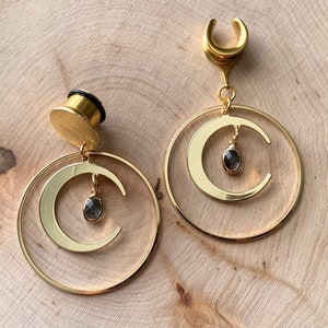 8g (3mm) - 1 3/16 (30mm)  18k Gold Hoop and Crescent Moon Saddles Hiders Drop Dangle Earrings Gauges/Earplugs Plugs