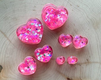 2g - 1&#39; (25mm) Pink Glitter Heart Acrylic Double Flare Plugs Gauges