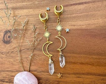 2g (6mm) - 1 3/16 (30mm) Long Moon & Sun with Clear Stone Saddles Drop Dangle Earrings Gauges/Earplugs Plugs