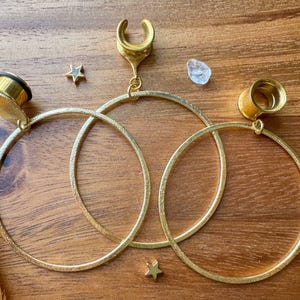 8g (3mm) - 1 3/16 (30mm) Large Brushed Gold Lightweight Hoop Drop Dangle Earrings Gauges/Earplugs Hider Plugs