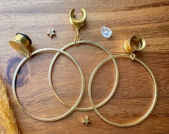 8g (3mm) - 1 3/16 (30mm) Large Brushed Gold Lightweight Hoop Drop Dangle Earrings Gauges/Earplugs Hider Plugs