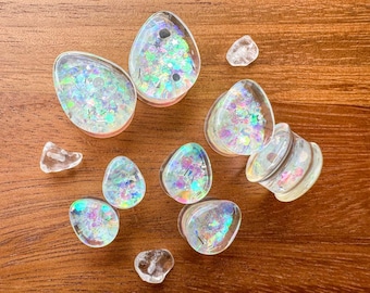 0g (8mm) - 3/4 (19mm) 'Stardust Glow' Iridescent Glitter Oval Acrylic Double Flare Plugs Gauges