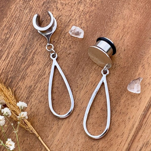 6g (4mm) - 1 3/16 (30mm) Silver Tear Drop Hoop Lightweight Drop Dangle Earrings Gauges/Earplugs Hider Saddle Plugs