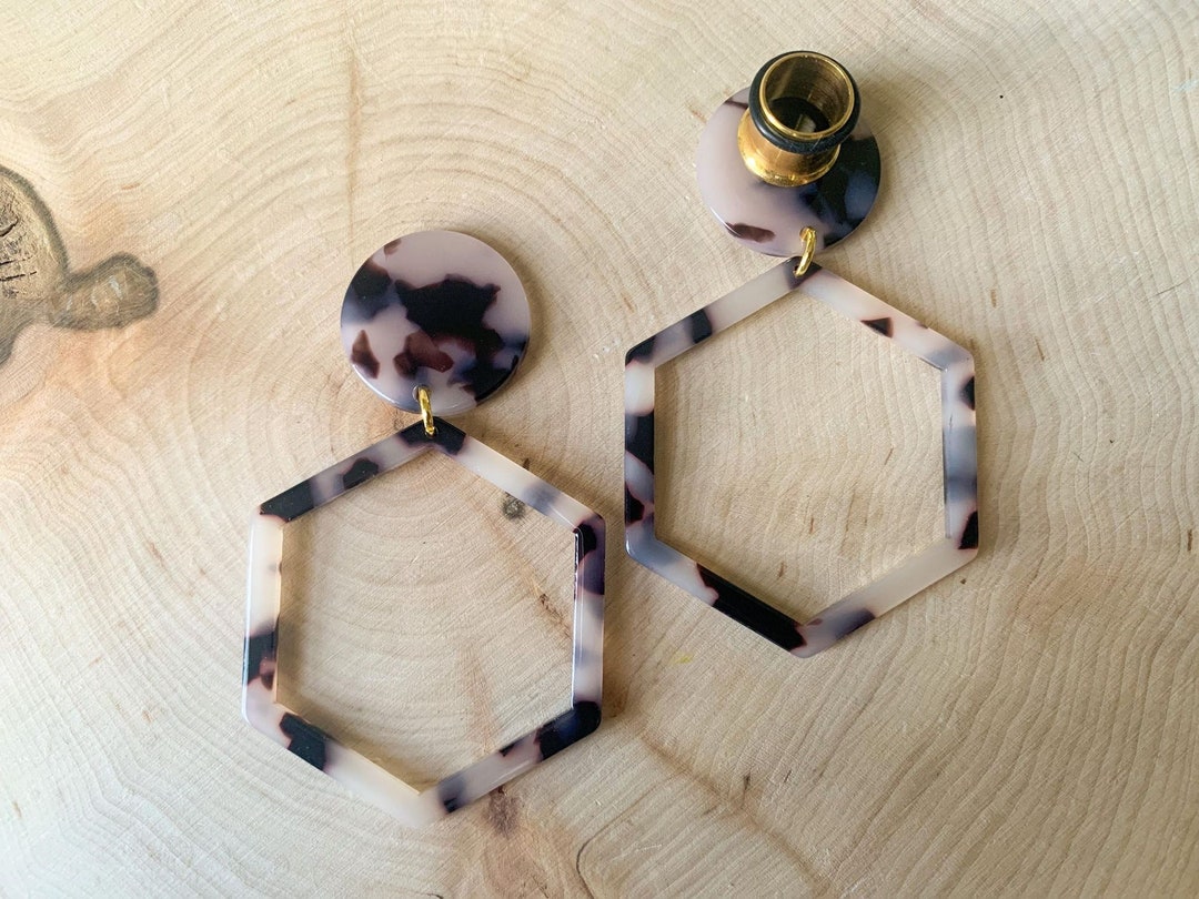 0g-5/8&quot; (16mm) Beige/Brown Tortoiseshell Hexagon Hoop Drop Dangle Earrings Gauges/Earplugs Hider Plugs
