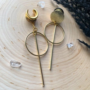 8g (3mm) - 1 3/16 (30mm) Gold Hoop w/Gold Bar Lightweight Drop Dangle Earrings Gauges/Earplugs Hider Plugs