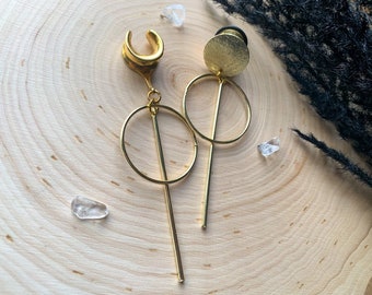 8g (3mm) - 1 3/16 (30mm) Gold Hoop w/Gold Bar Lightweight Drop Dangle Earrings Gauges/Earplugs Hider Plugs