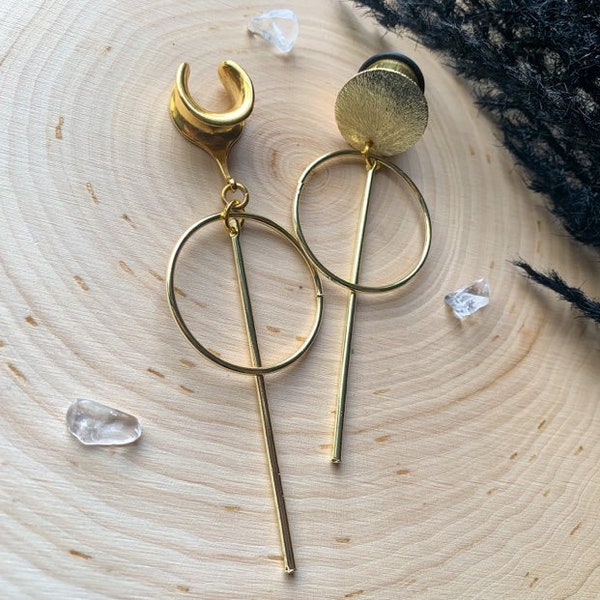 8g (3mm) - 1 3/16 (30mm) Gold Hoop w/Gold Bar Lightweight Drop Dangle Earrings Gauges/Earplugs Hider Plugs