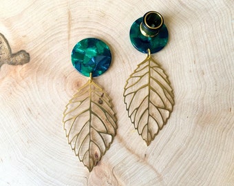 0g-5/8" (16mm) Green Acetate Disc w/ Large Gold Leaf Drop Dangle Earrings Gauges/Earplugs Hider Plugs