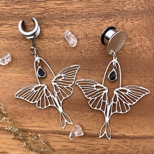 6g (4mm) - 1 3/16 (30mm) Silver Steel Moth with Gray Jewel Saddles Hiders Drop Dangle Earrings Gauges/Earplugs Plugs.