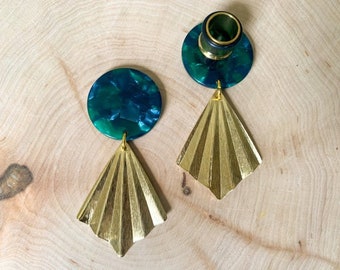 4g-5/8" (16mm) Green Marble Acetate w/Gold Fan Lightweight Hoop Drop Dangle Earrings Gauges/Earplugs Hider Plugs